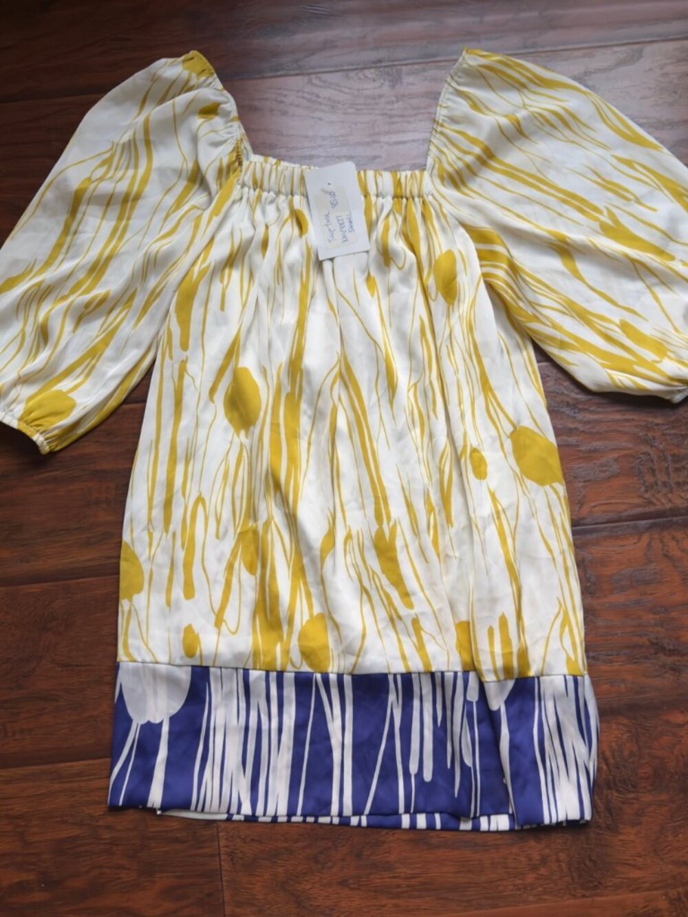 Womens White Yellow Tulip Print Tunic Top Size S Blue Border Hem